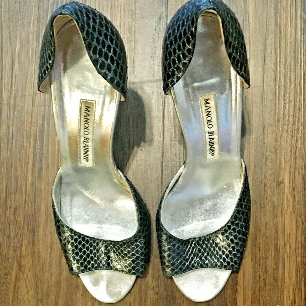 Manolo Blahnik Snakeskin Print Kitten Heels
